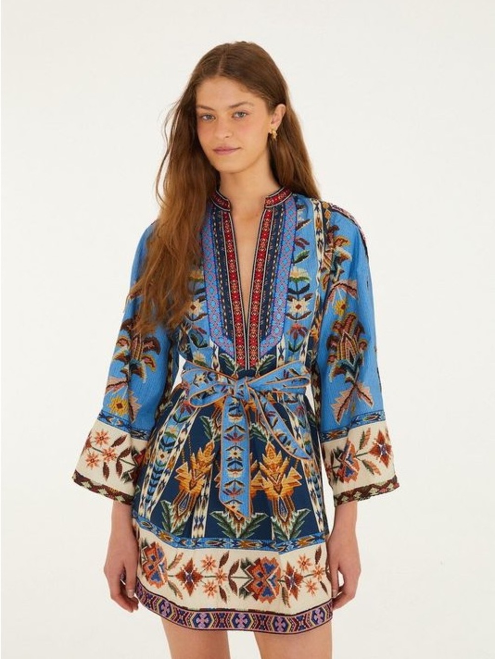FARM Rio Embroidered Tapestry Blue V-Neck Long Wide Sleeve Tie Front Mini Dress